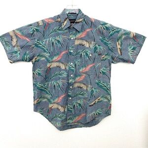 GANT White Water Chambray Short Sleeve Shirt Floral 100% Cotton Blue Size Medium